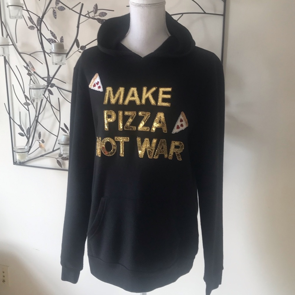 Bow & Drape Black Hoodie Sweatshirt 'Make Pizza Not War' Sequin Detail Sz medium - Picture 3 of 7